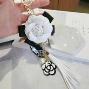 Korean Trendy Leather Bag Camellia Keychain Long Tassel Car Hanger Flower Key Chain Cc Element Jewelry Hanger