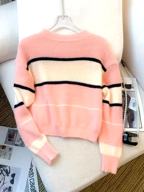 2024 New Winter Color Block Crew Neck Pullover Sweater,Crop Top Casual Long Sleeve Drop Shoulder Sweater Women'S Clothing