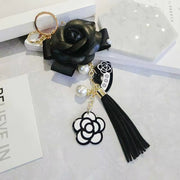 Korean Trendy Leather Bag Camellia Keychain Long Tassel Car Hanger Flower Key Chain Cc Element Jewelry Hanger