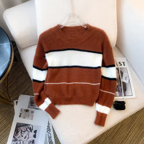 2024 New Winter Color Block Crew Neck Pullover Sweater,Crop Top Casual Long Sleeve Drop Shoulder Sweater Women'S Clothing