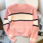 2024 New Winter Color Block Crew Neck Pullover Sweater,Crop Top Casual Long Sleeve Drop Shoulder Sweater Women'S Clothing