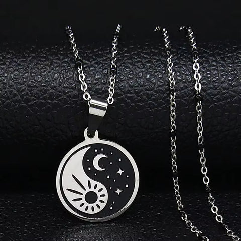 Yin Yang Gossip Sun Moon and Stars Stainless Steel Necklaces Women/Men Black Enamel Charm Necklace Chain Jewelry Joyeria N1879