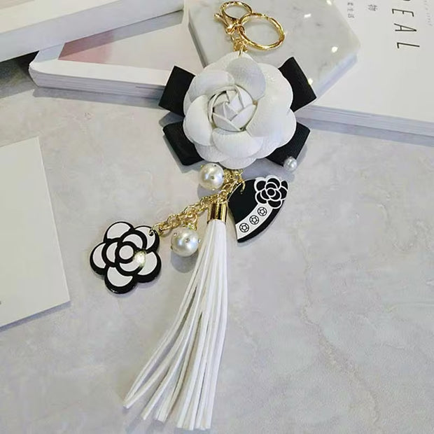 Korean Trendy Leather Bag Camellia Keychain Long Tassel Car Hanger Flower Key Chain Cc Element Jewelry Hanger