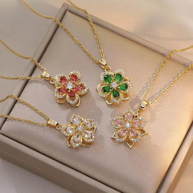 Rotating Bauhinia Zirconia Flowers Niche Light Luxury New Design Pendant Temperament Titanium Steel Necklace