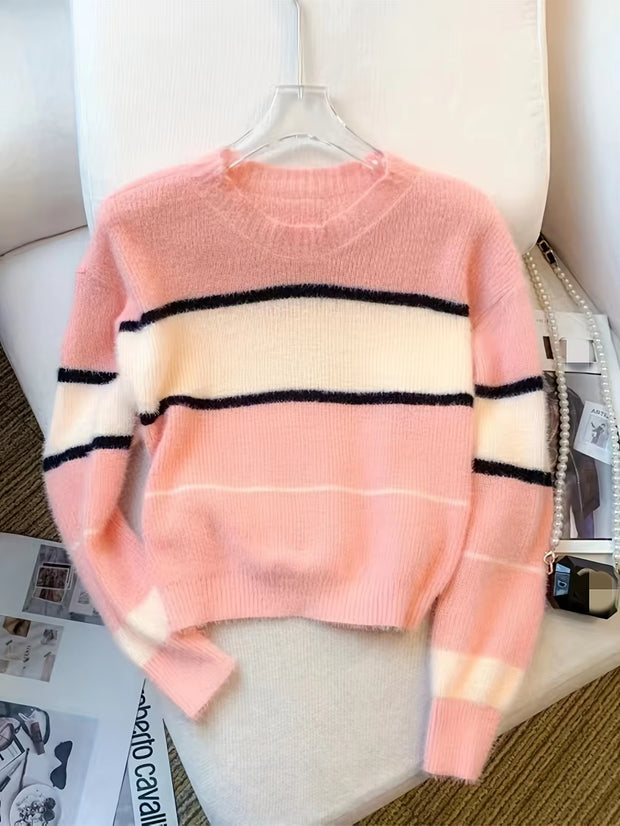 2024 New Winter Color Block Crew Neck Pullover Sweater,Crop Top Casual Long Sleeve Drop Shoulder Sweater Women'S Clothing