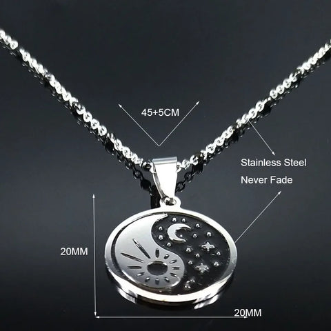 Yin Yang Gossip Sun Moon and Stars Stainless Steel Necklaces Women/Men Black Enamel Charm Necklace Chain Jewelry Joyeria N1879