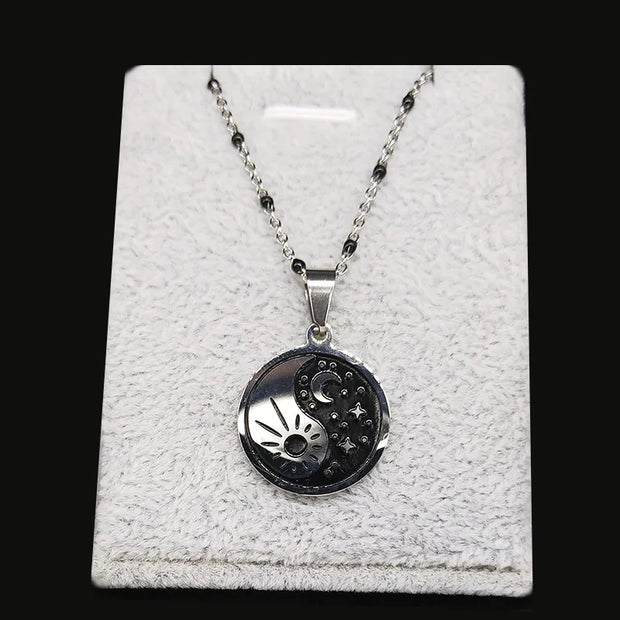 Yin Yang Gossip Sun Moon and Stars Stainless Steel Necklaces Women/Men Black Enamel Charm Necklace Chain Jewelry Joyeria N1879