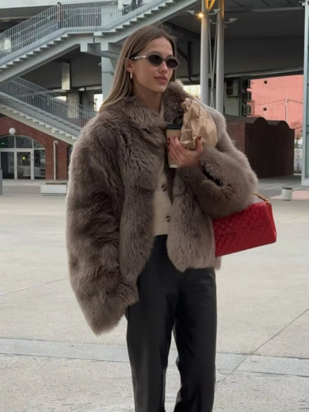 Winter New Chic Thicken Warm Fluffy Fur Luxury Coat Classic Long Sleeve Solid Color Lapel Cardigan 2024 Woman High Street Coats