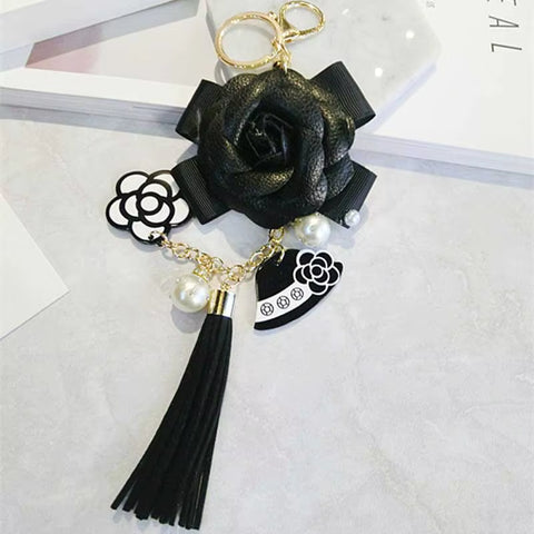 Korean Trendy Leather Bag Camellia Keychain Long Tassel Car Hanger Flower Key Chain Cc Element Jewelry Hanger