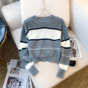 2024 New Winter Color Block Crew Neck Pullover Sweater,Crop Top Casual Long Sleeve Drop Shoulder Sweater Women'S Clothing