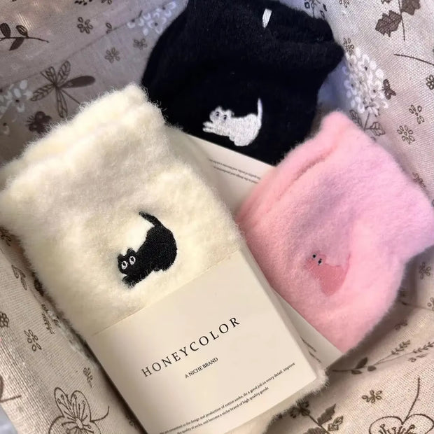 Kawaii Cat Cozy Hairy Mink Velvet Socks Women Autumn Winter Thickened Plush Warm Sleeping Socks Soft Comfortable Mid-Calf Sock