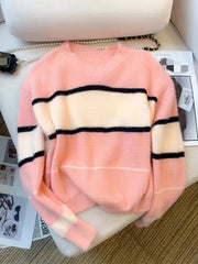 2024 New Winter Color Block Crew Neck Pullover Sweater,Crop Top Casual Long Sleeve Drop Shoulder Sweater Women'S Clothing