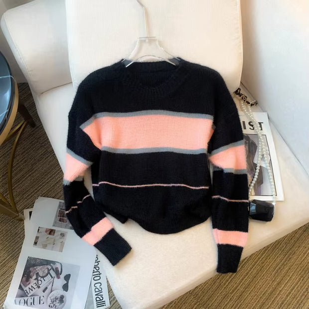 2024 New Winter Color Block Crew Neck Pullover Sweater,Crop Top Casual Long Sleeve Drop Shoulder Sweater Women'S Clothing