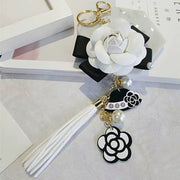 Korean Trendy Leather Bag Camellia Keychain Long Tassel Car Hanger Flower Key Chain Cc Element Jewelry Hanger